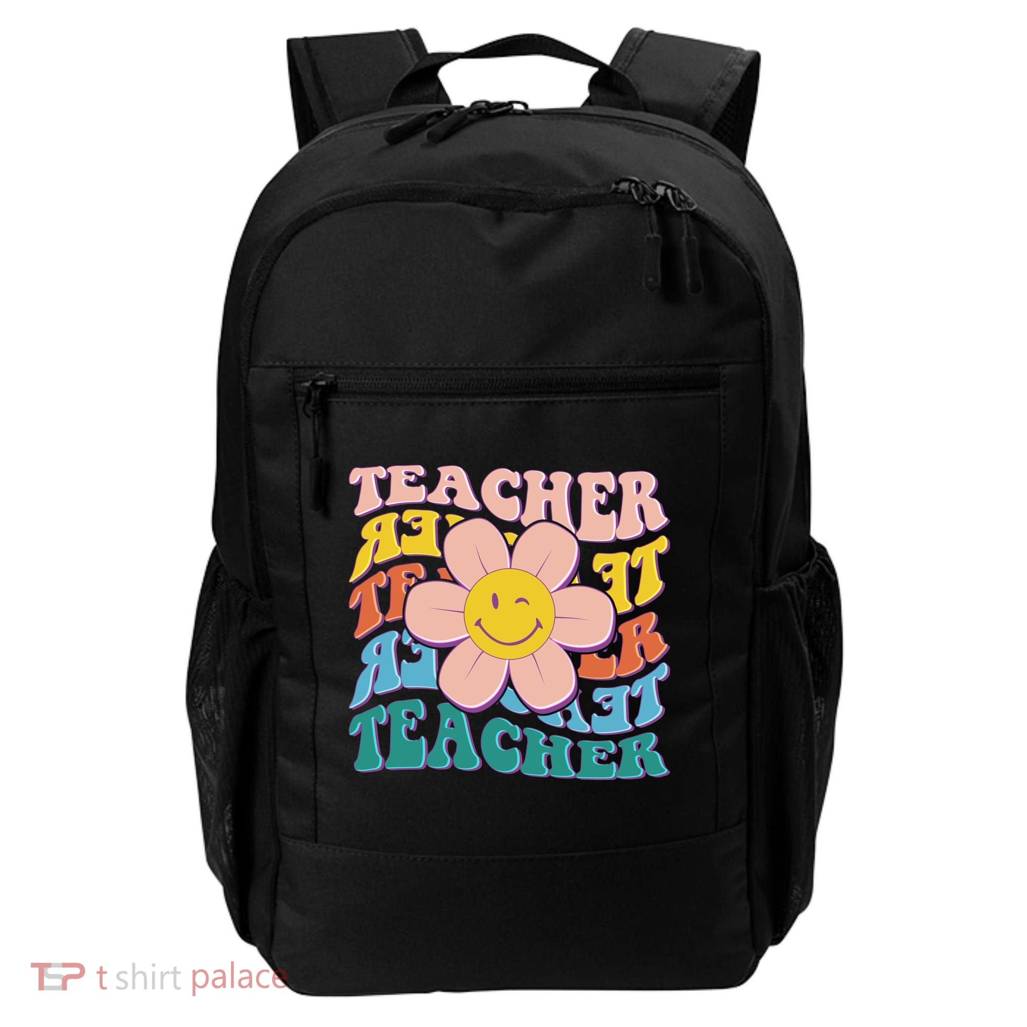 Retro Hippie Teacher Flower Smiley Emoji Backpack