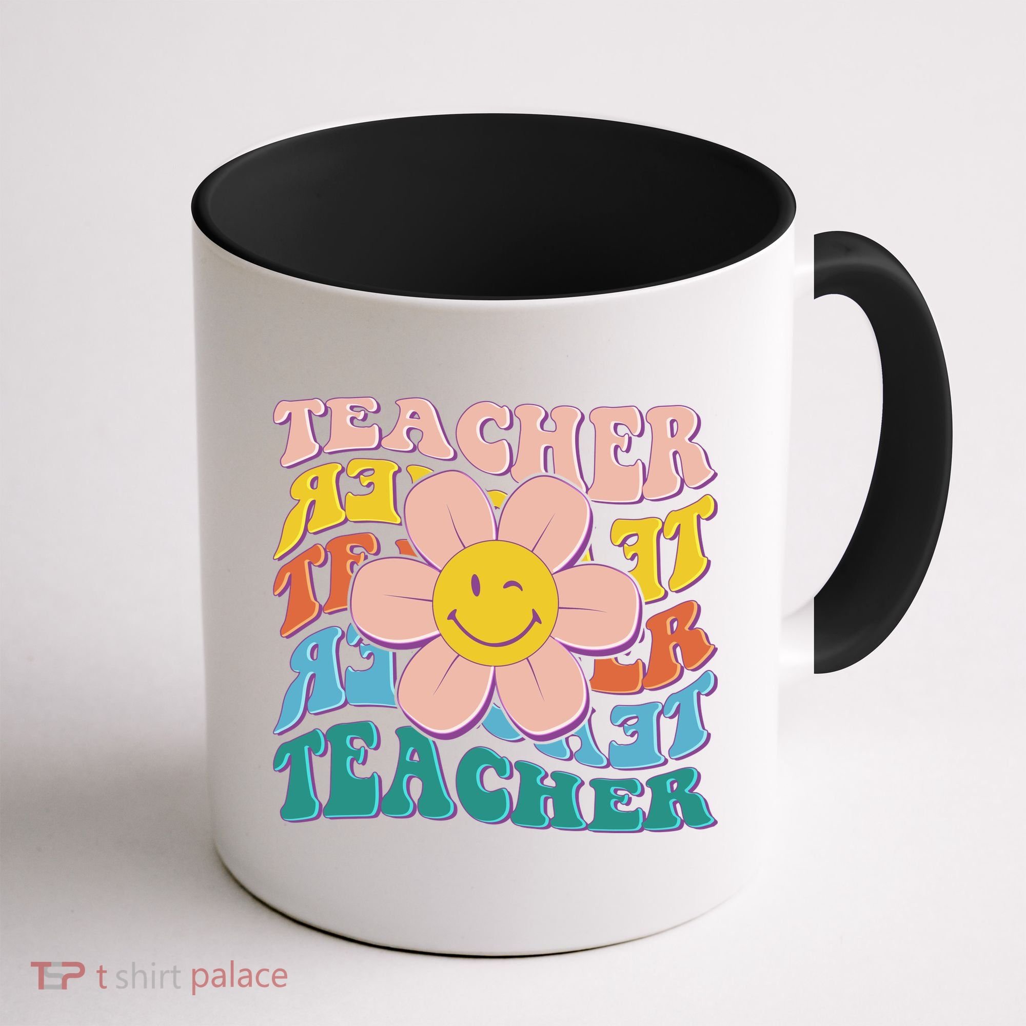 Retro Hippie Teacher Flower Smiley Emoji Coffee Mug