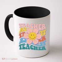 Retro Hippie Teacher Flower Smiley Emoji Coffee Mug thumb 0