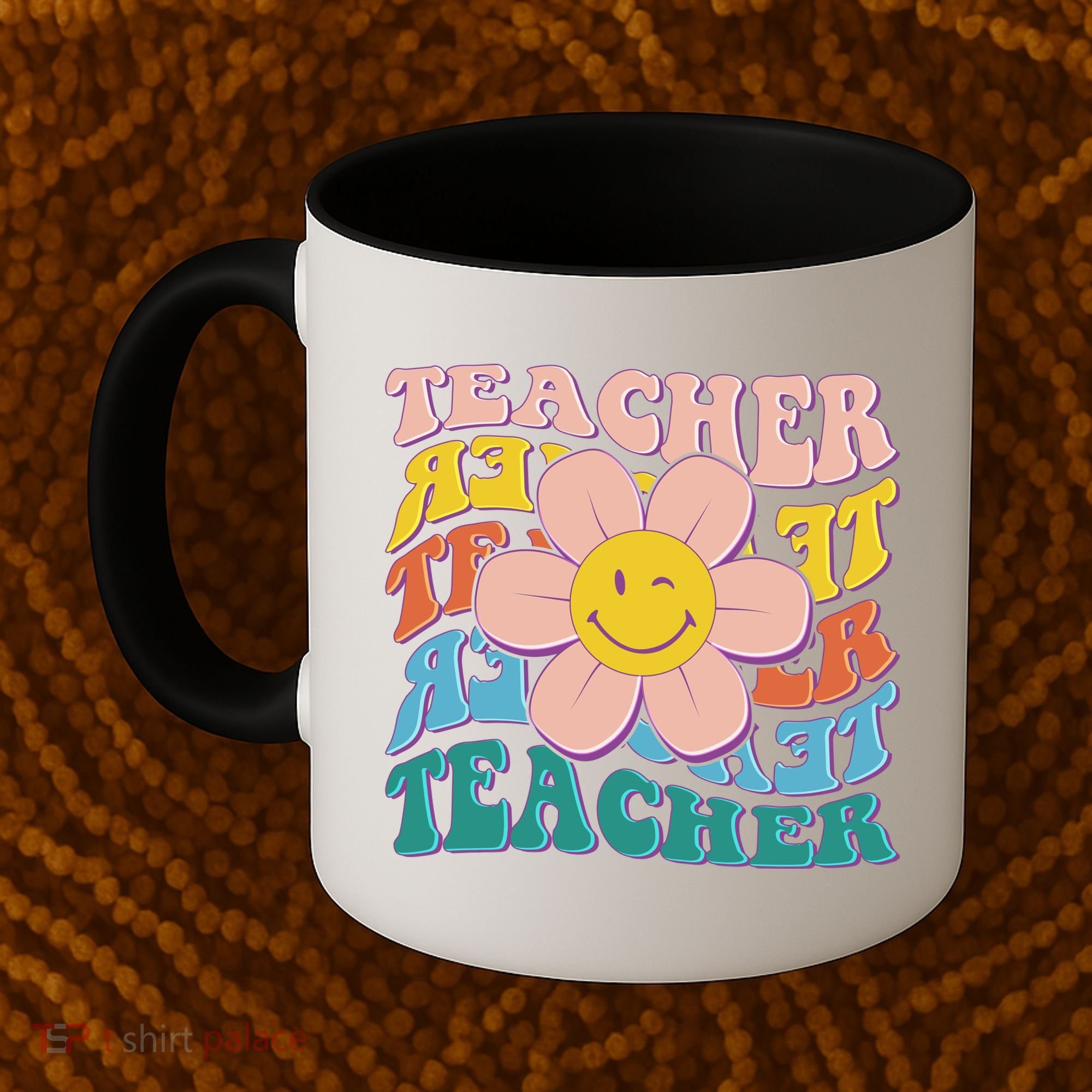 Retro Hippie Teacher Flower Smiley Emoji Coffee Mug
