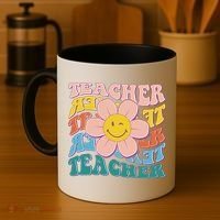 Retro Hippie Teacher Flower Smiley Emoji Coffee Mug thumb 4