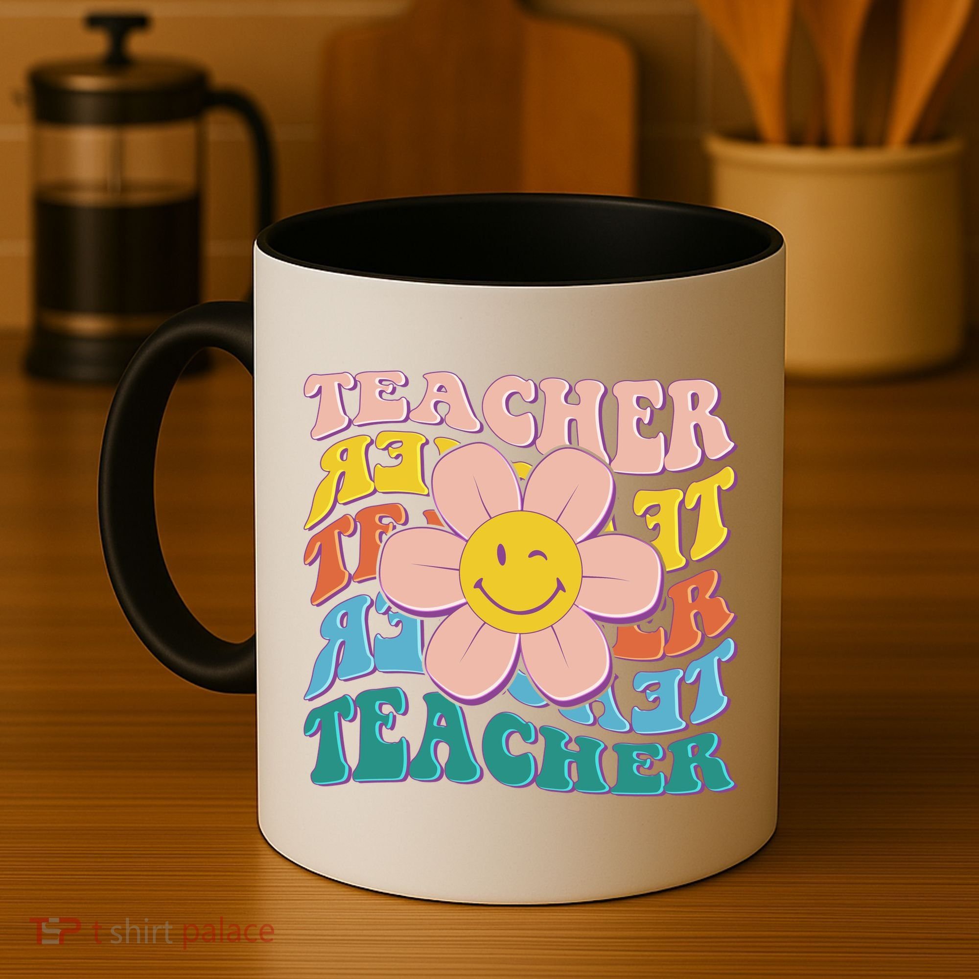 Retro Hippie Teacher Flower Smiley Emoji Coffee Mug