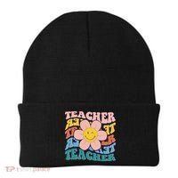 Retro Hippie Teacher Flower Smiley Emoji Beanie thumb 0