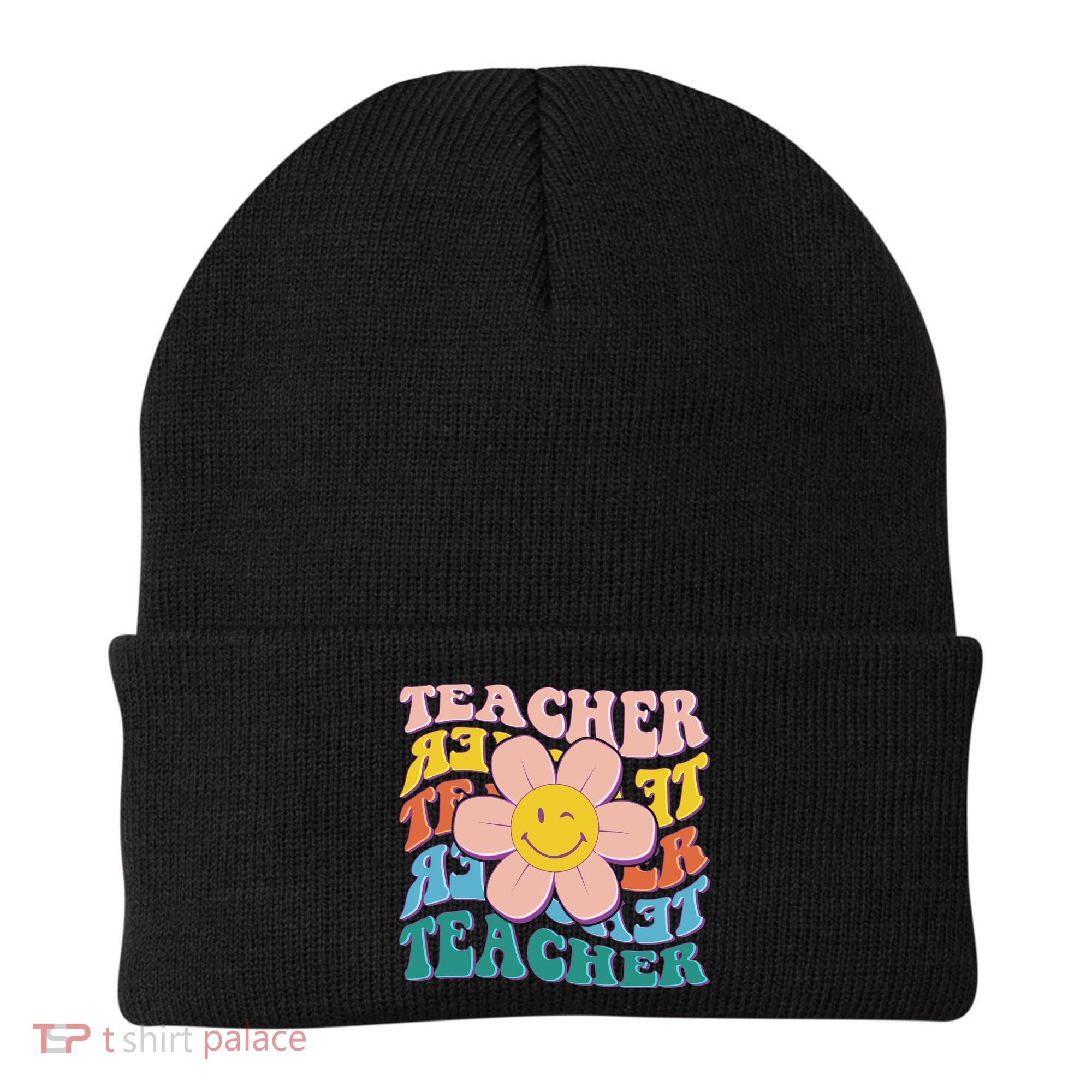 Retro Hippie Teacher Flower Smiley Emoji Beanie