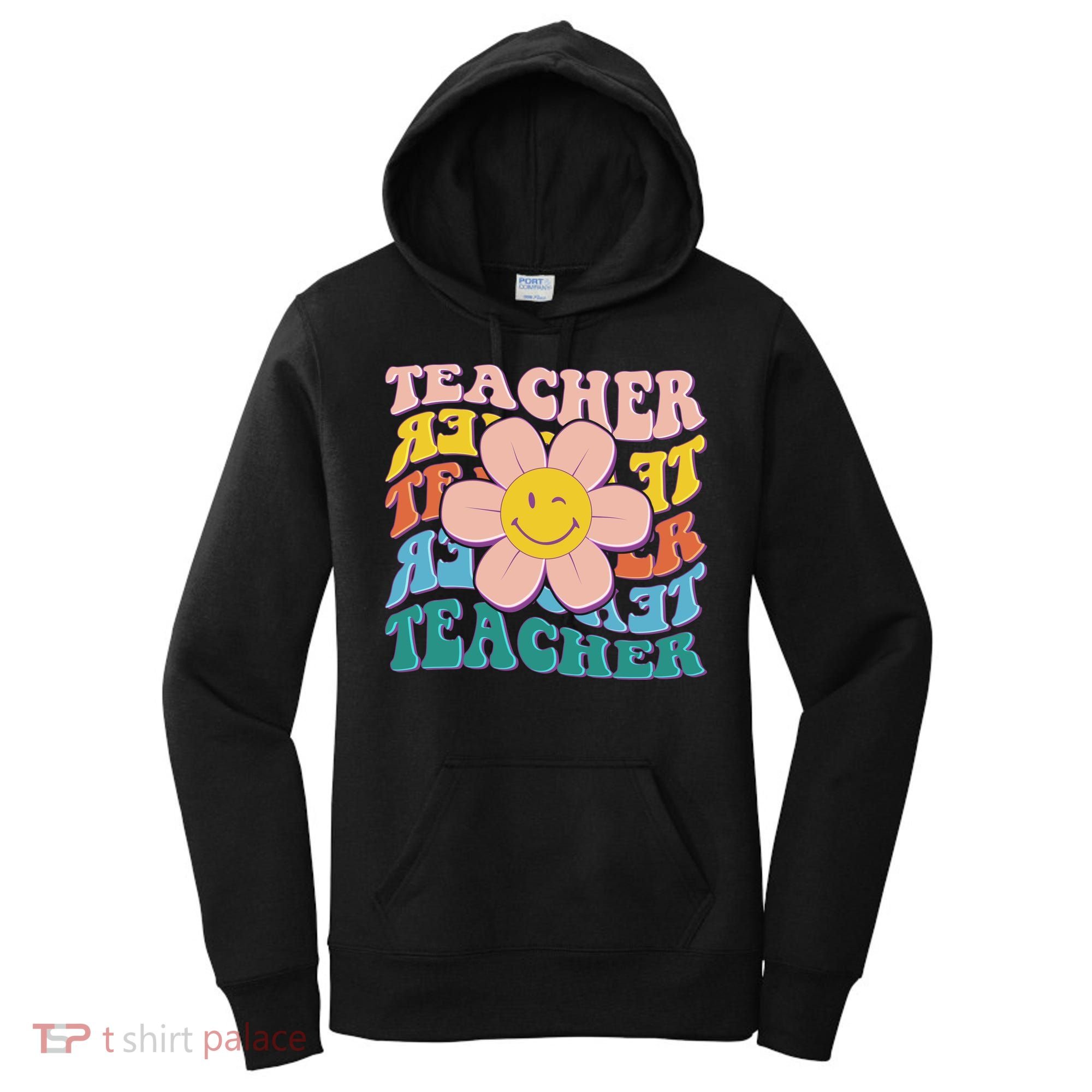 Retro Hippie Teacher Flower Smiley Emoji Women's Hoodie