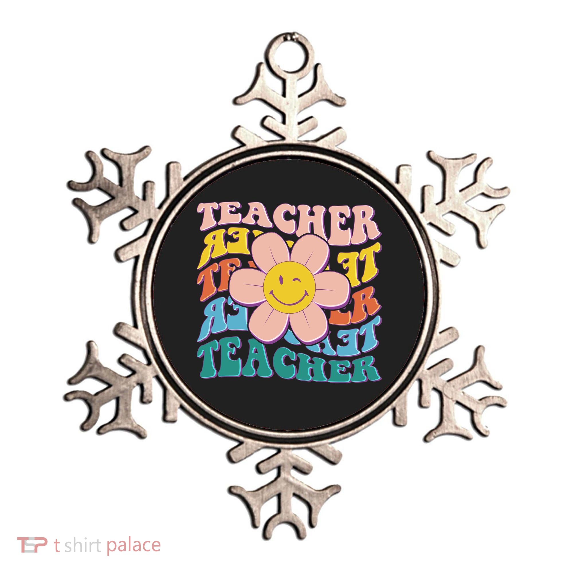 Retro Hippie Teacher Flower Smiley Emoji Ornament