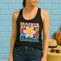 Retro Hippie Teacher Flower Smiley Emoji Women's Tank Top thumb 2