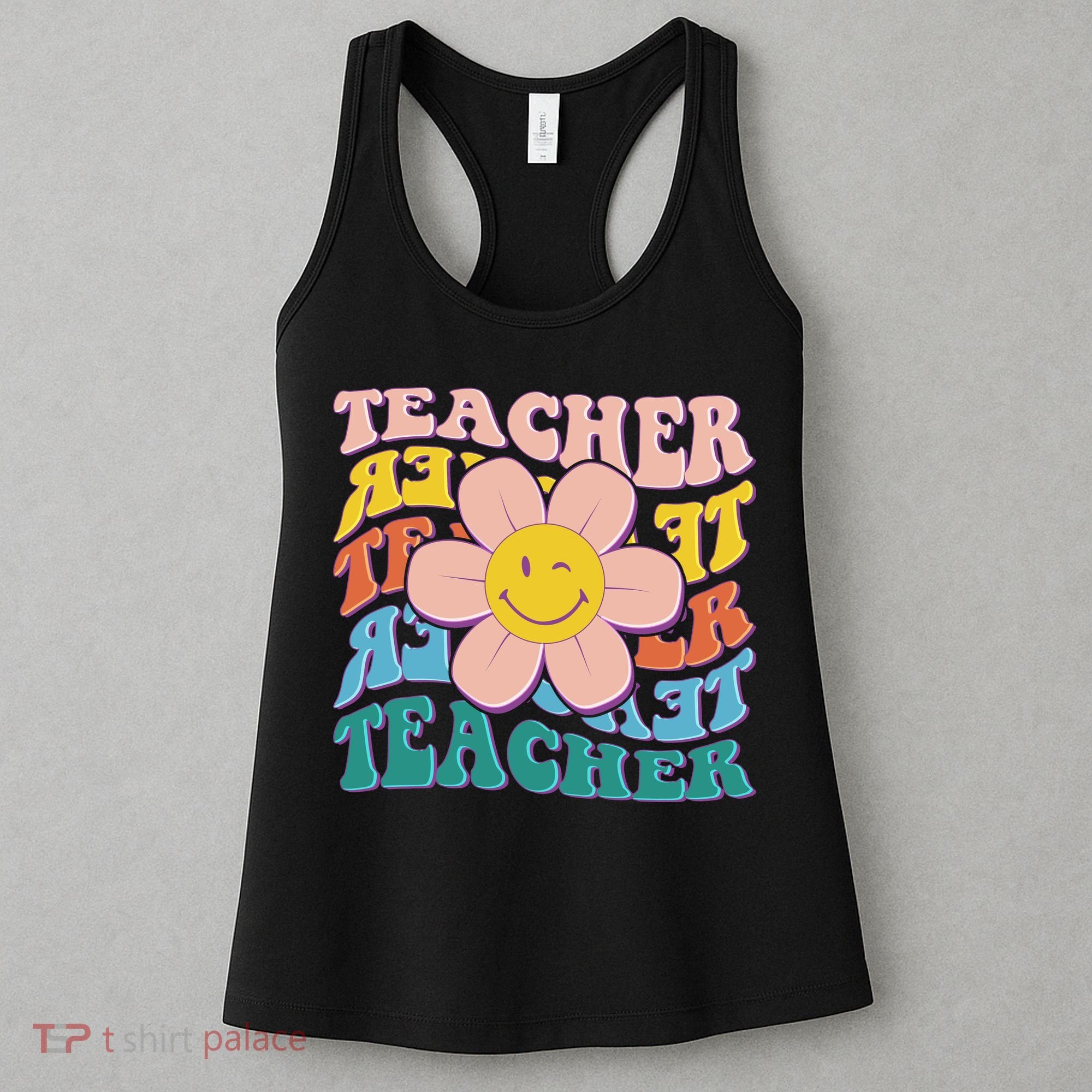 Retro Hippie Teacher Flower Smiley Emoji Women's Tank Top