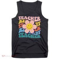 Retro Hippie Teacher Flower Smiley Emoji Tank Top thumb 0