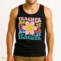 Retro Hippie Teacher Flower Smiley Emoji Tank Top thumb 3