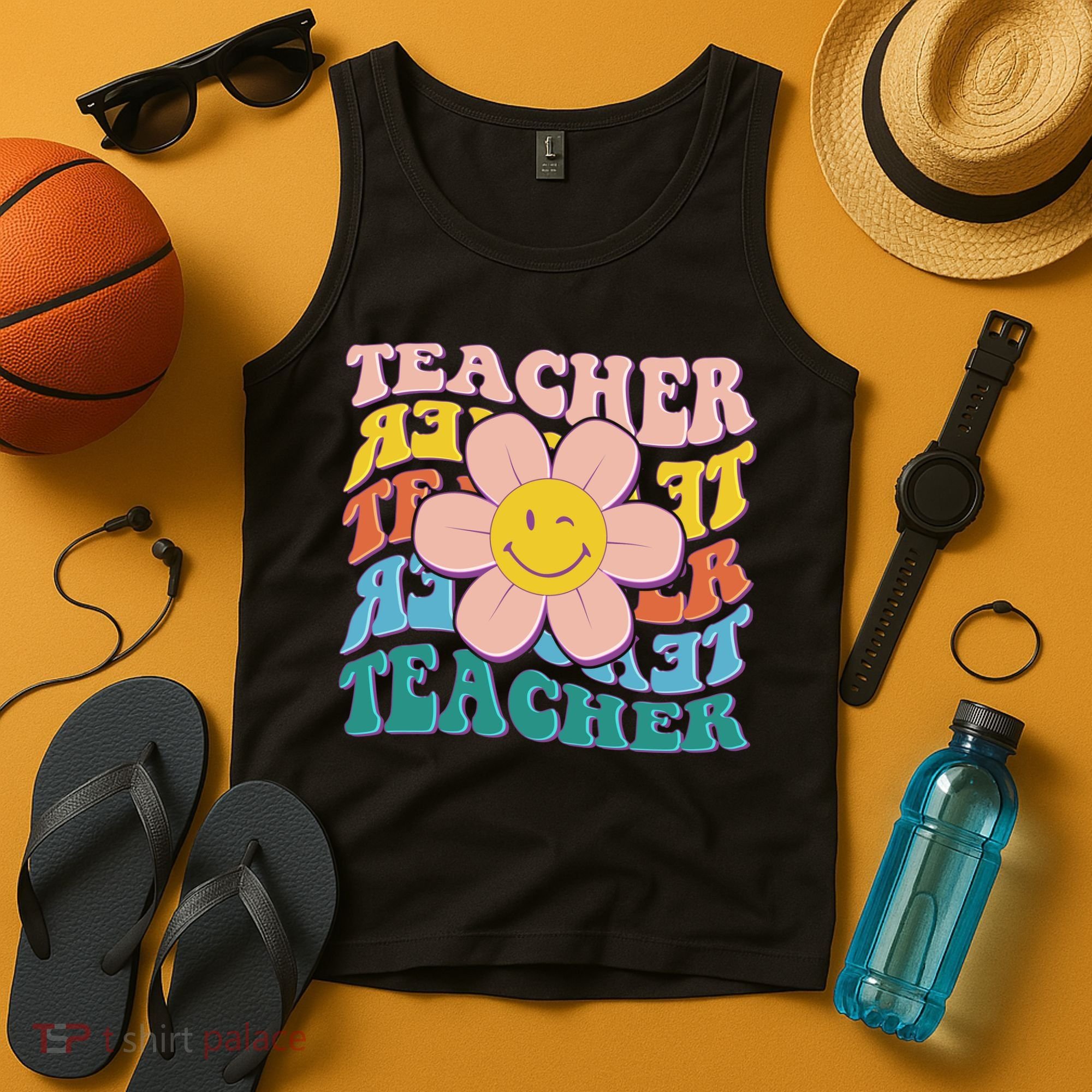 Retro Hippie Teacher Flower Smiley Emoji Tank Top