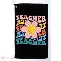 Retro Hippie Teacher Flower Smiley Emoji Golf Towel thumb 0