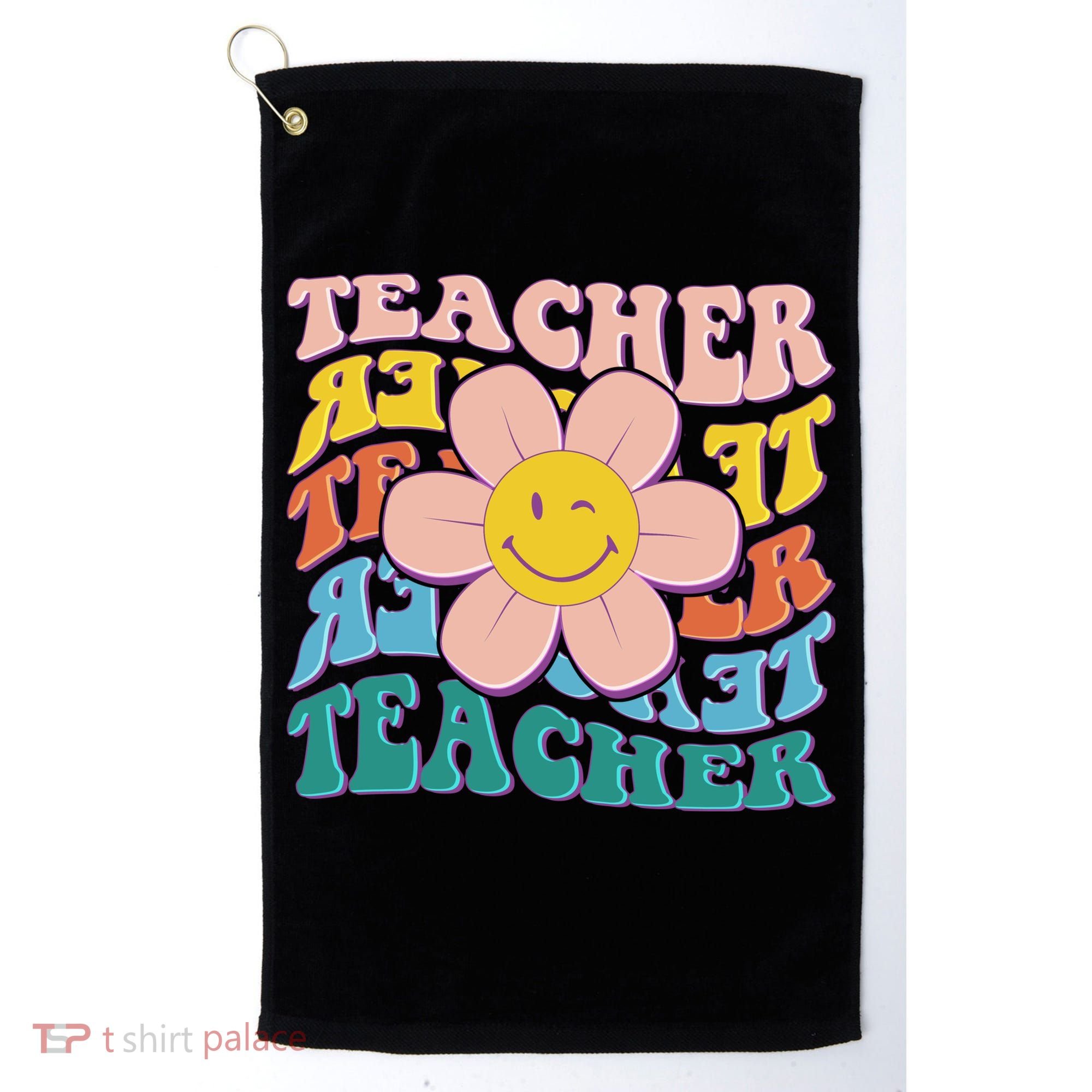 Retro Hippie Teacher Flower Smiley Emoji Golf Towel