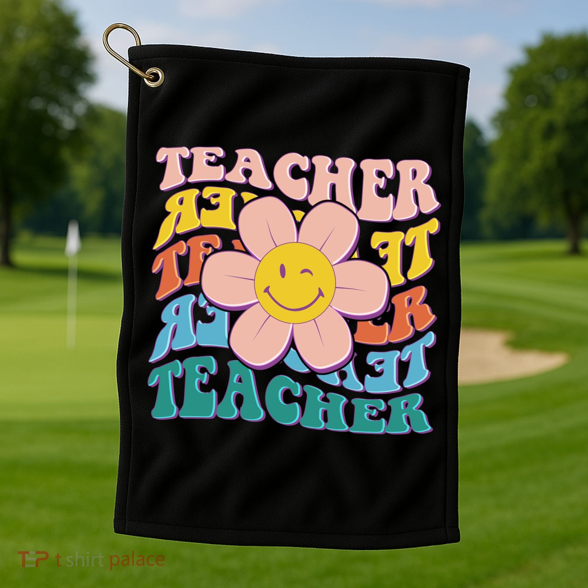 Retro Hippie Teacher Flower Smiley Emoji Golf Towel