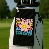 Retro Hippie Teacher Flower Smiley Emoji Golf Towel thumb 2