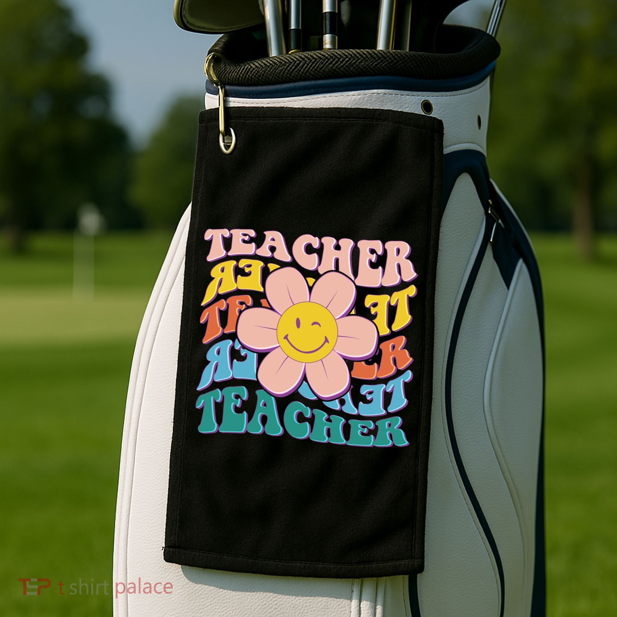 Retro Hippie Teacher Flower Smiley Emoji Golf Towel