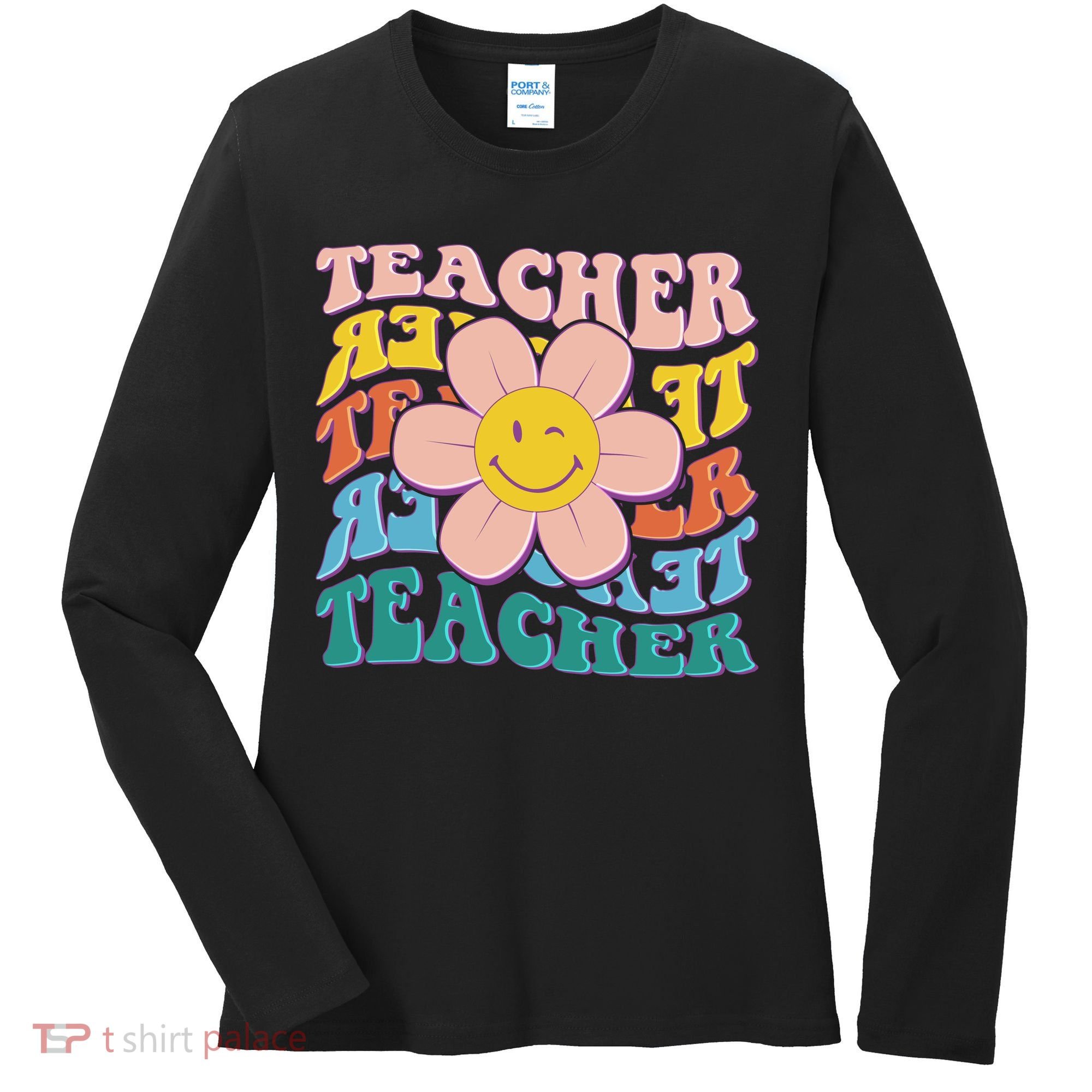 Retro Hippie Teacher Flower Smiley Emoji Women's Long Sleeve Shirt