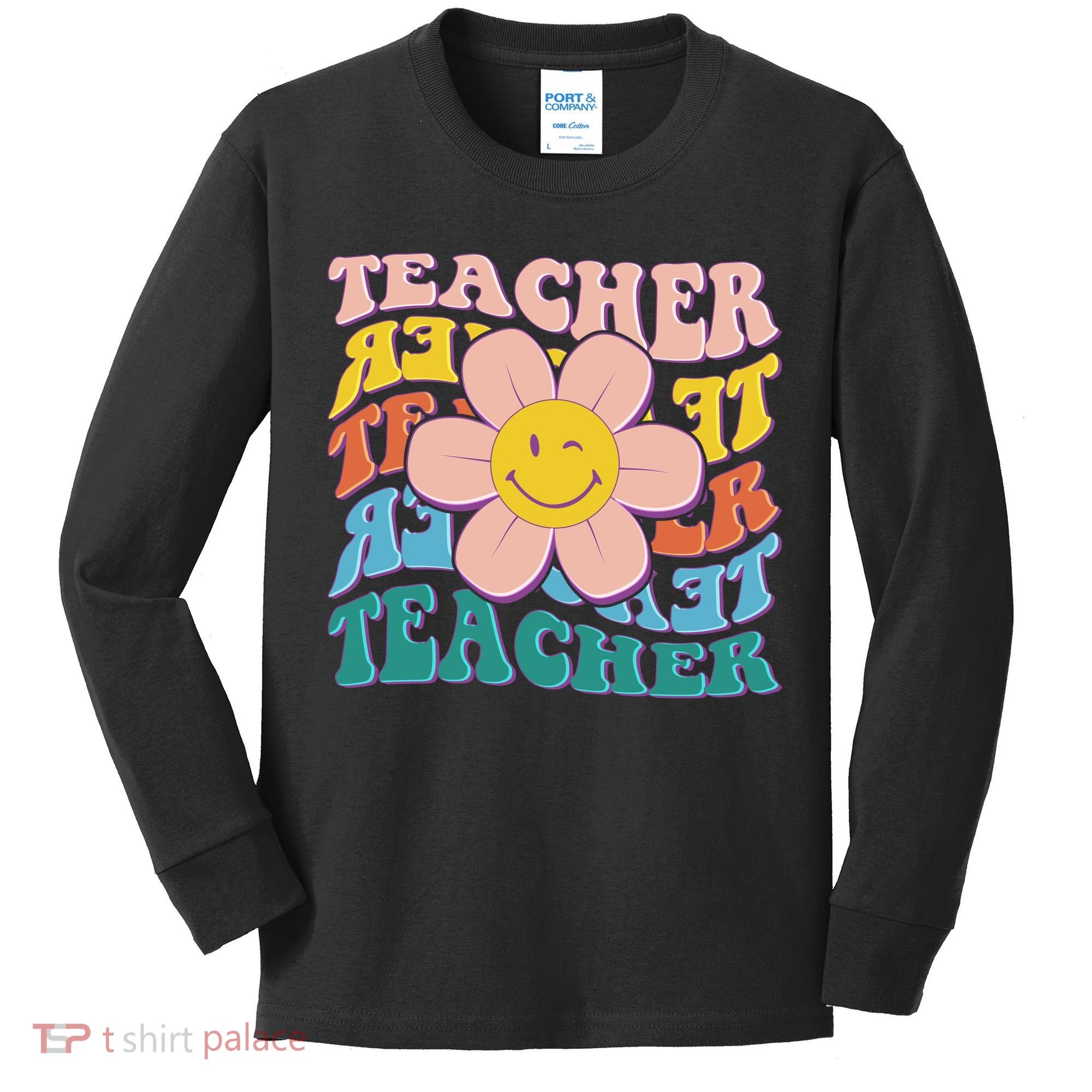 Retro Hippie Teacher Flower Smiley Emoji Kids Long Sleeve Shirt