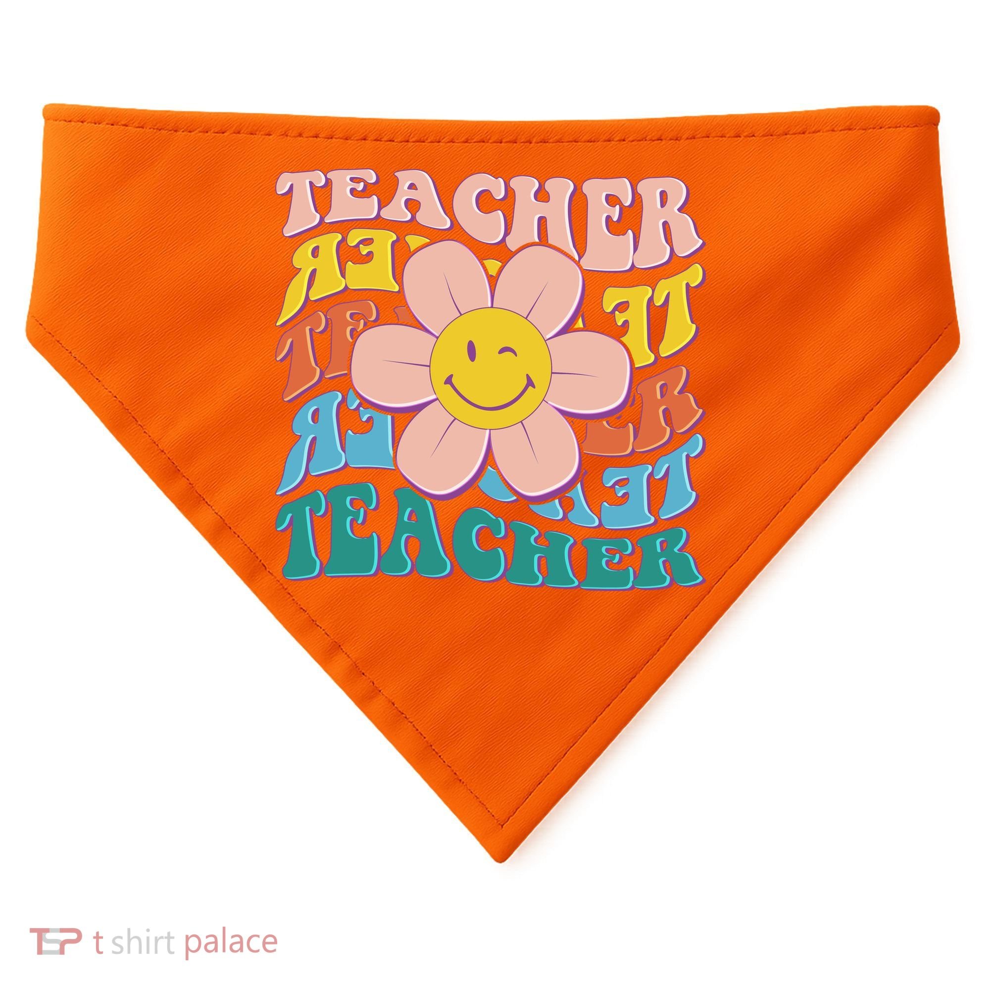 Retro Hippie Teacher Flower Smiley Emoji USA-Made Doggie Bandana