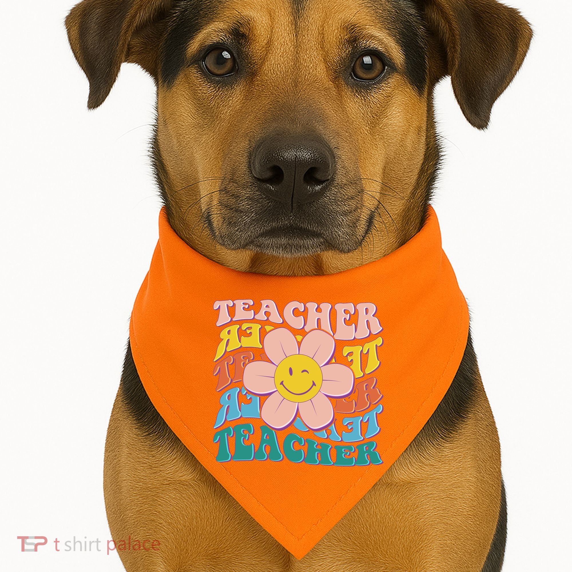 Retro Hippie Teacher Flower Smiley Emoji USA-Made Doggie Bandana