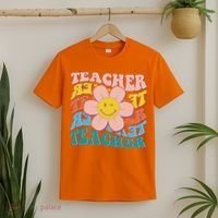 Retro Hippie Teacher Flower Smiley Emoji T-Shirt thumb 2