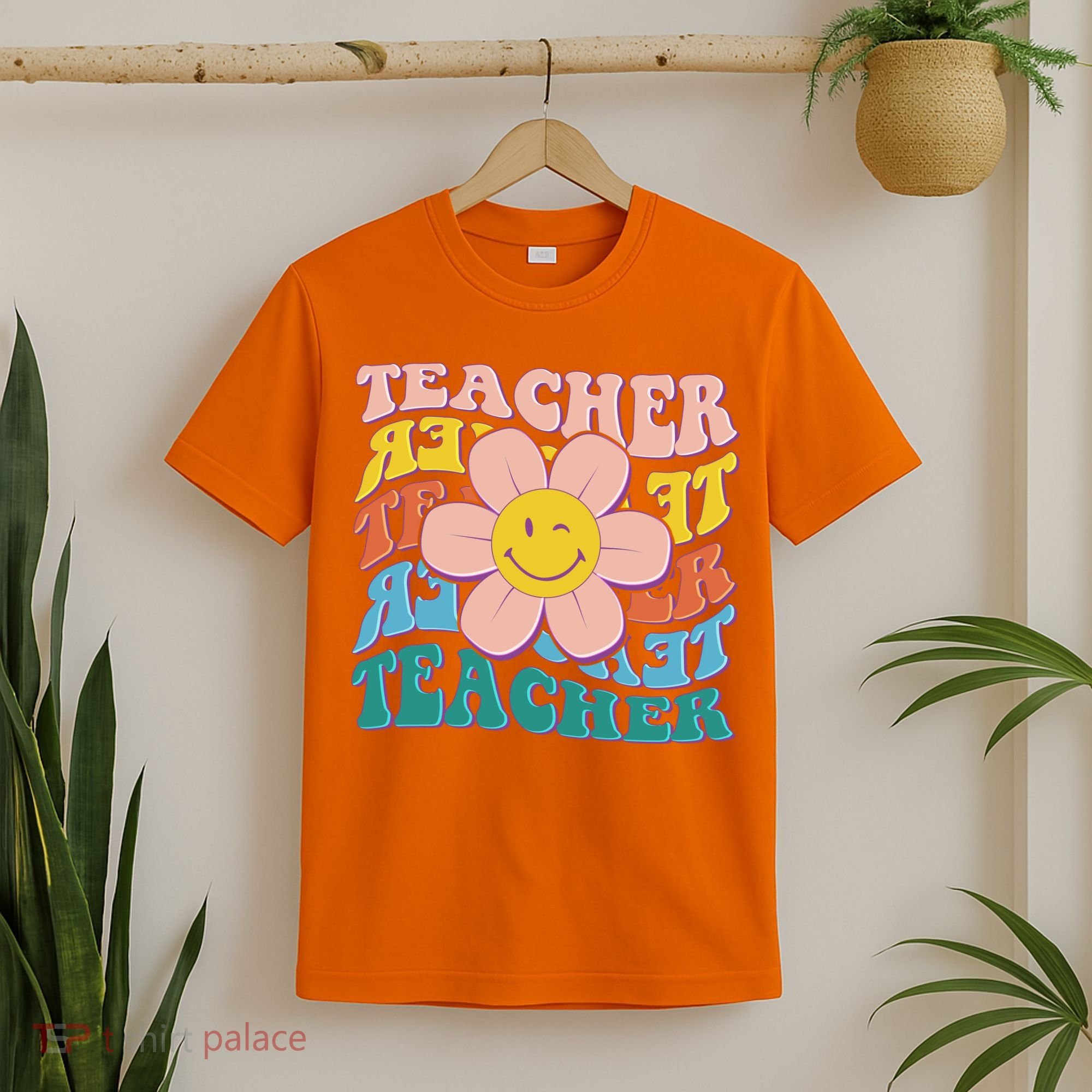 Retro Hippie Teacher Flower Smiley Emoji T-Shirt