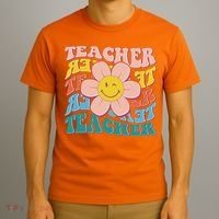 Retro Hippie Teacher Flower Smiley Emoji T-Shirt thumb 3