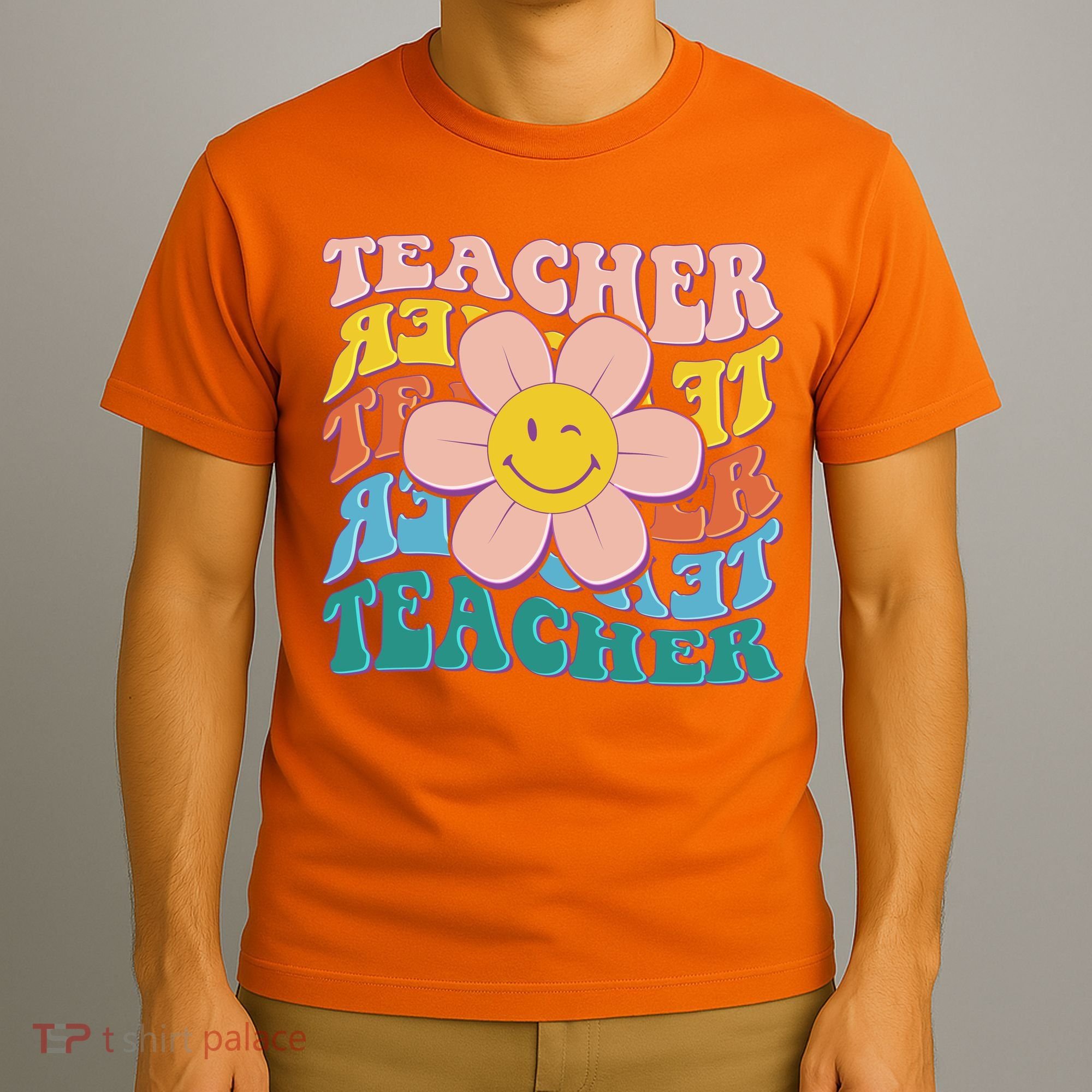 Retro Hippie Teacher Flower Smiley Emoji T-Shirt