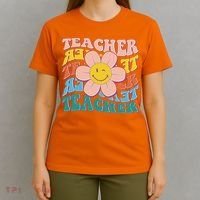 Retro Hippie Teacher Flower Smiley Emoji T-Shirt thumb 4