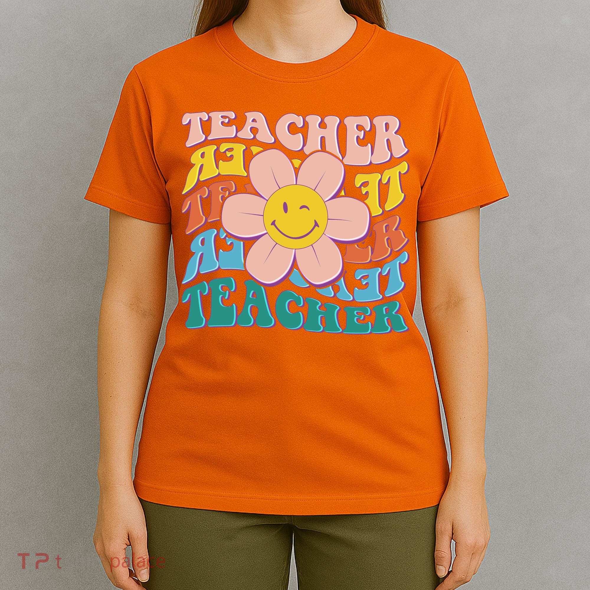 Retro Hippie Teacher Flower Smiley Emoji T-Shirt