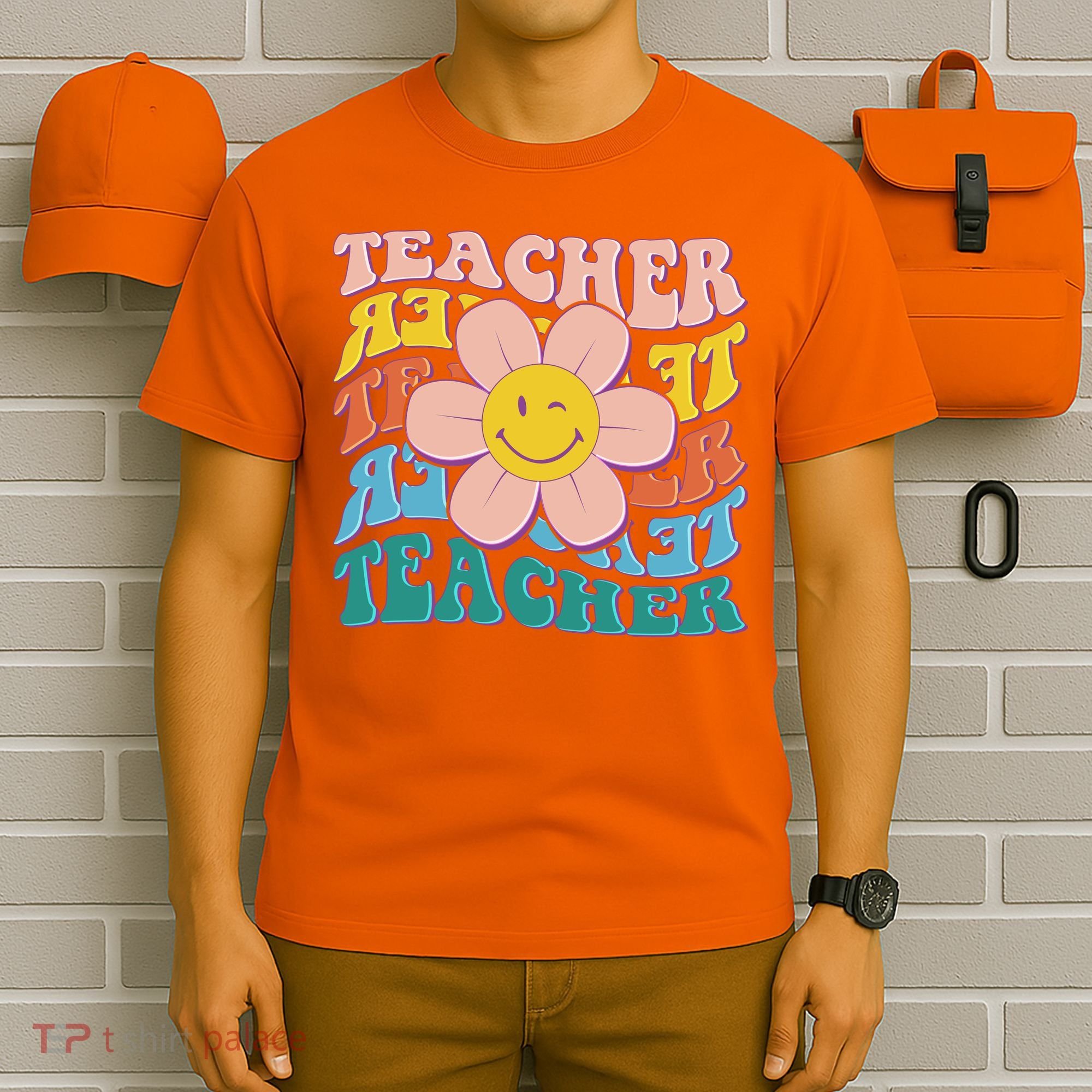 Retro Hippie Teacher Flower Smiley Emoji T-Shirt