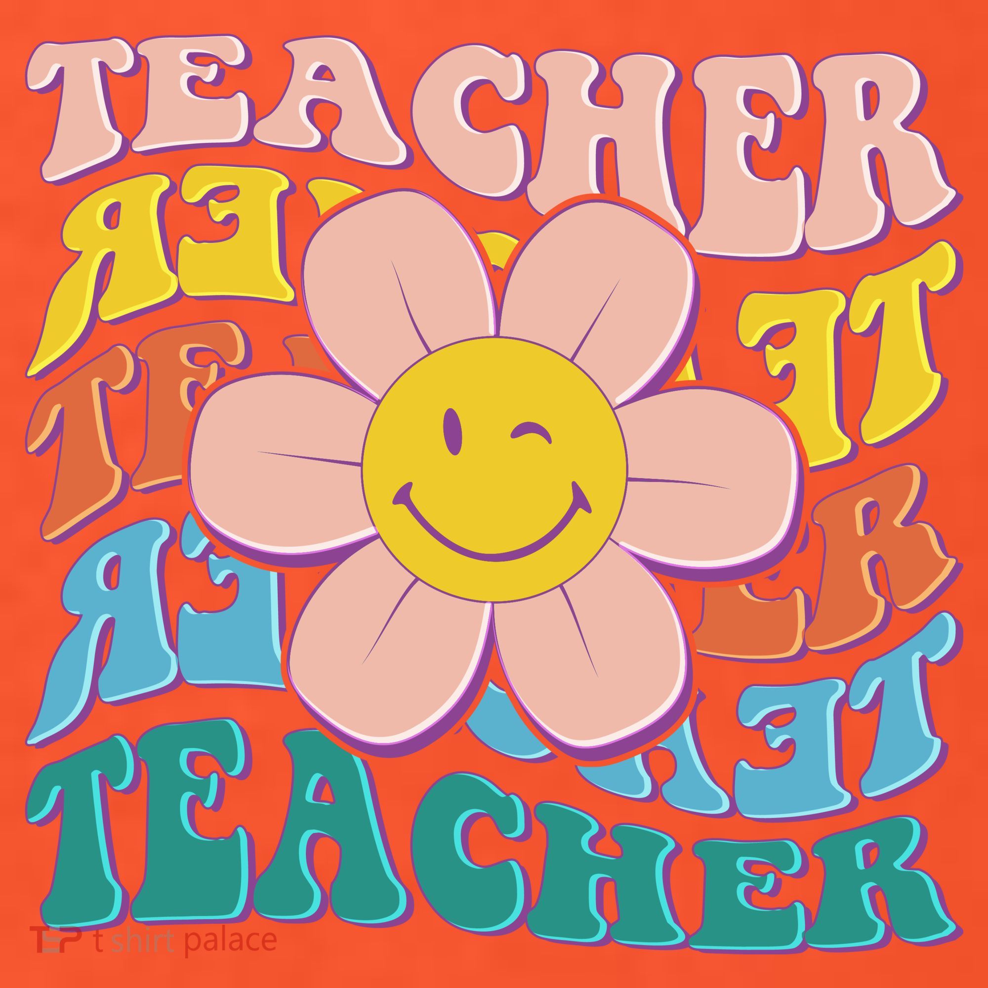 Retro Hippie Teacher Flower Smiley Emoji T-Shirt