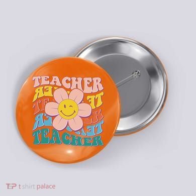 Retro Hippie Teacher Flower Smiley Emoji Button