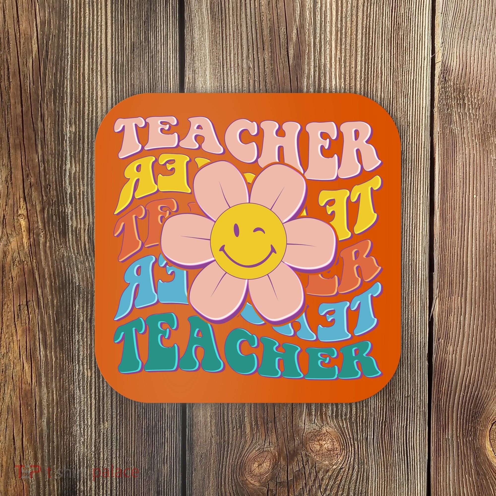Retro Hippie Teacher Flower Smiley Emoji Coaster