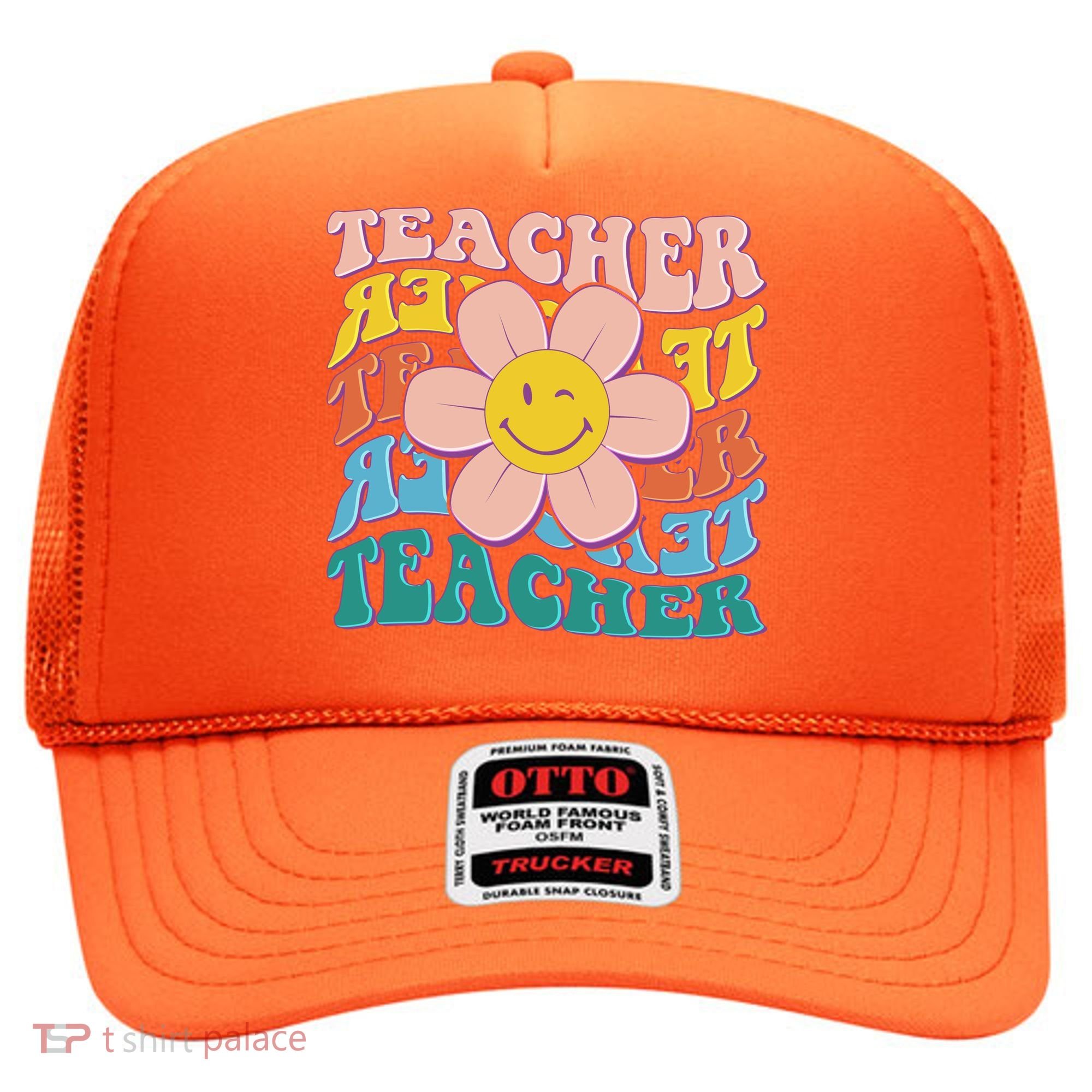 Retro Hippie Teacher Flower Smiley Emoji Hat
