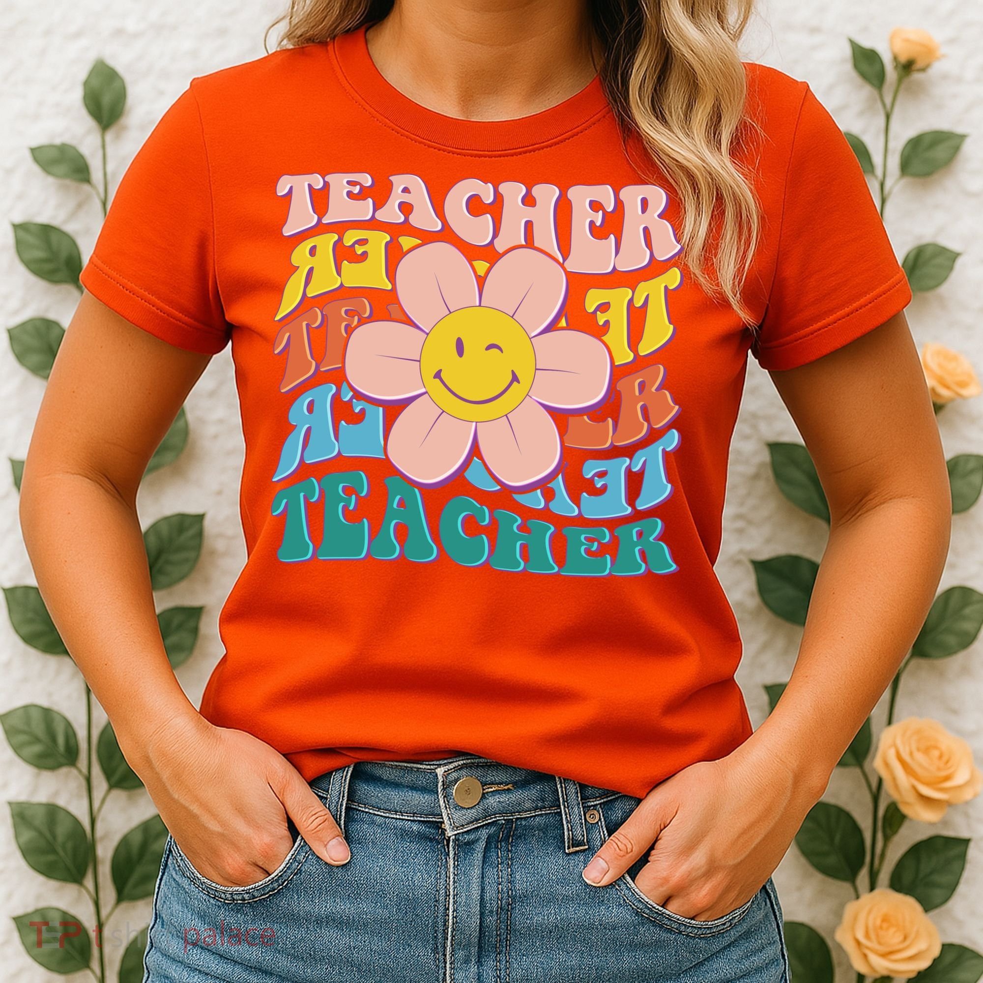 Retro Hippie Teacher Flower Smiley Emoji Women's T-Shirt