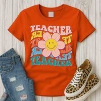 Retro Hippie Teacher Flower Smiley Emoji Women's T-Shirt thumb 3