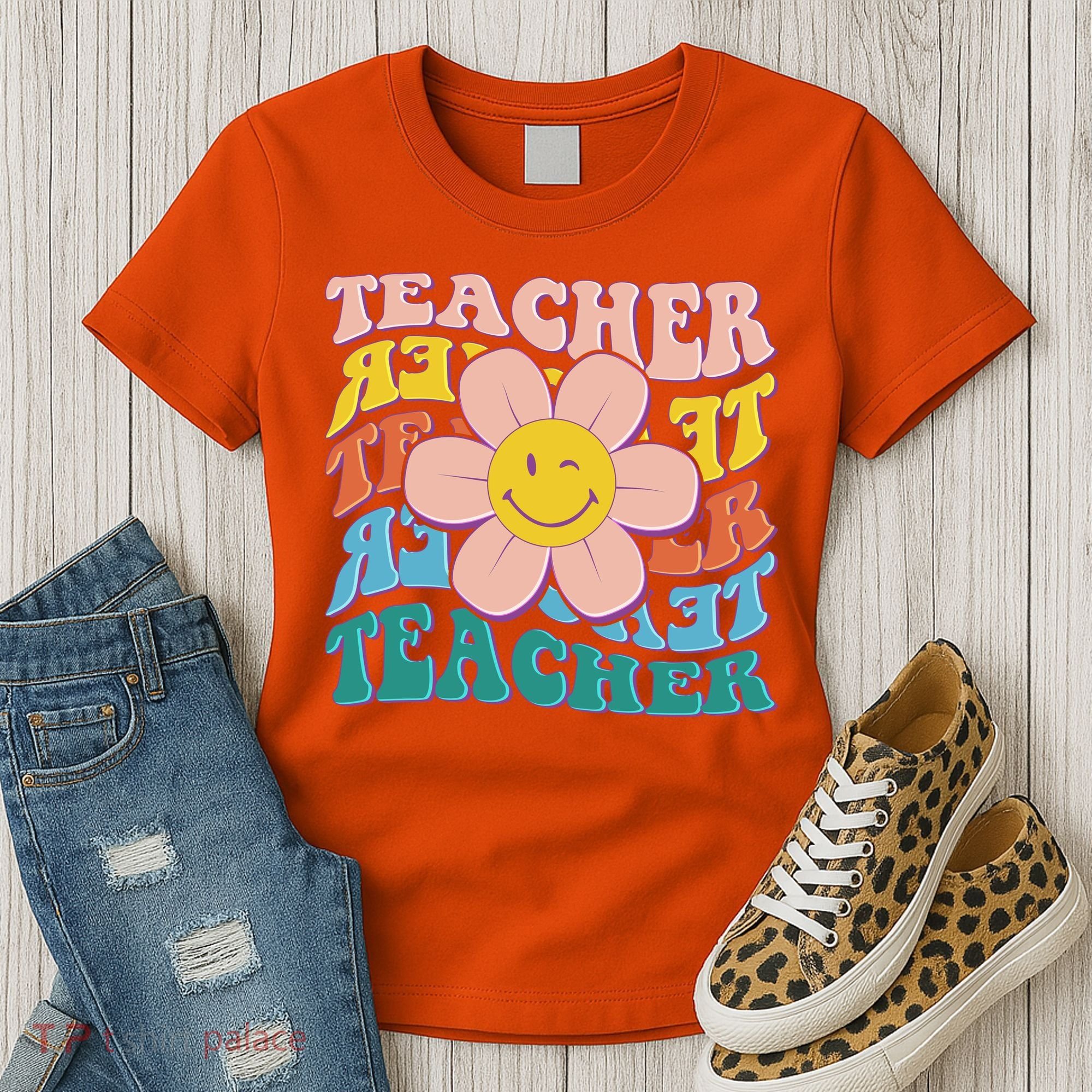Retro Hippie Teacher Flower Smiley Emoji Women's T-Shirt