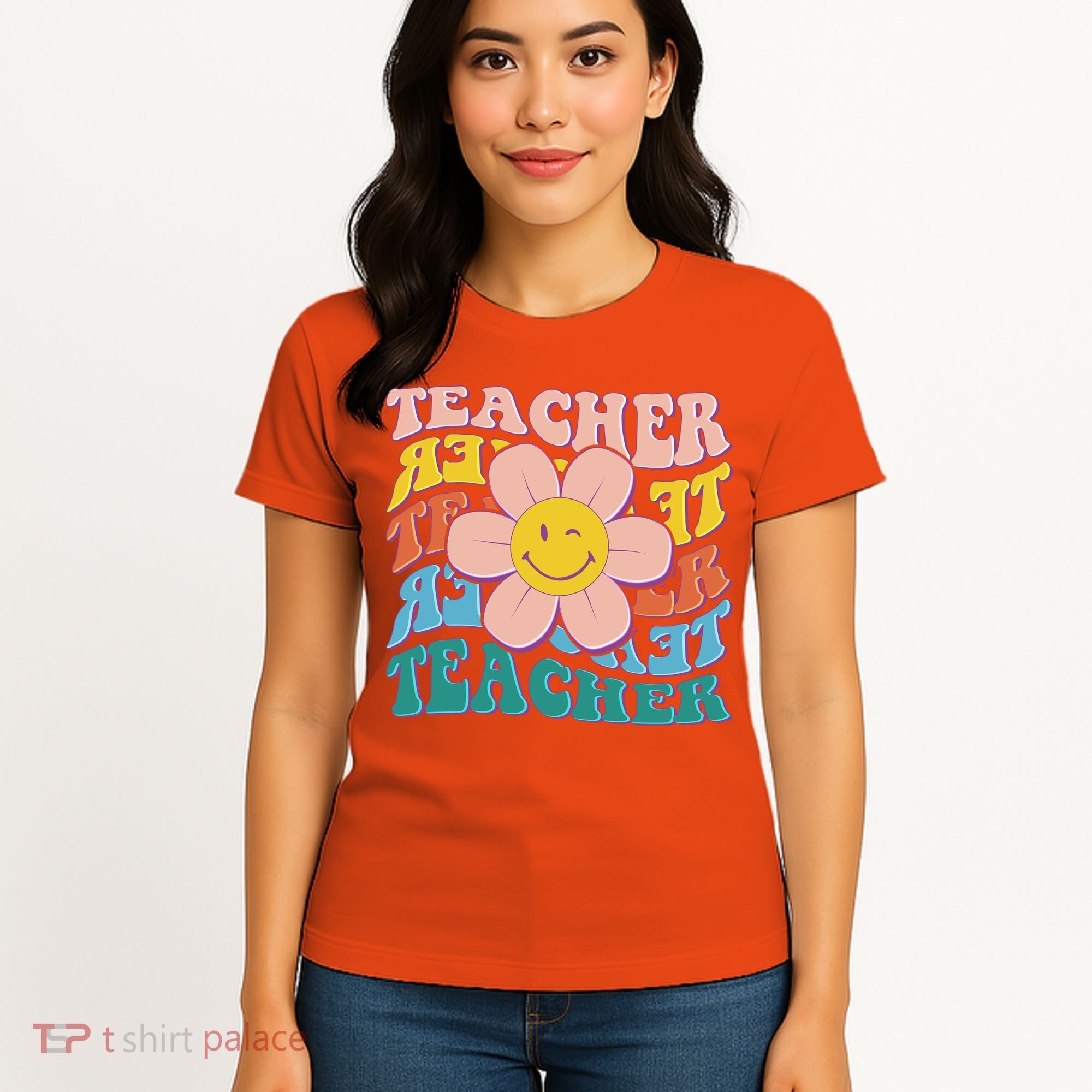Retro Hippie Teacher Flower Smiley Emoji Women's T-Shirt