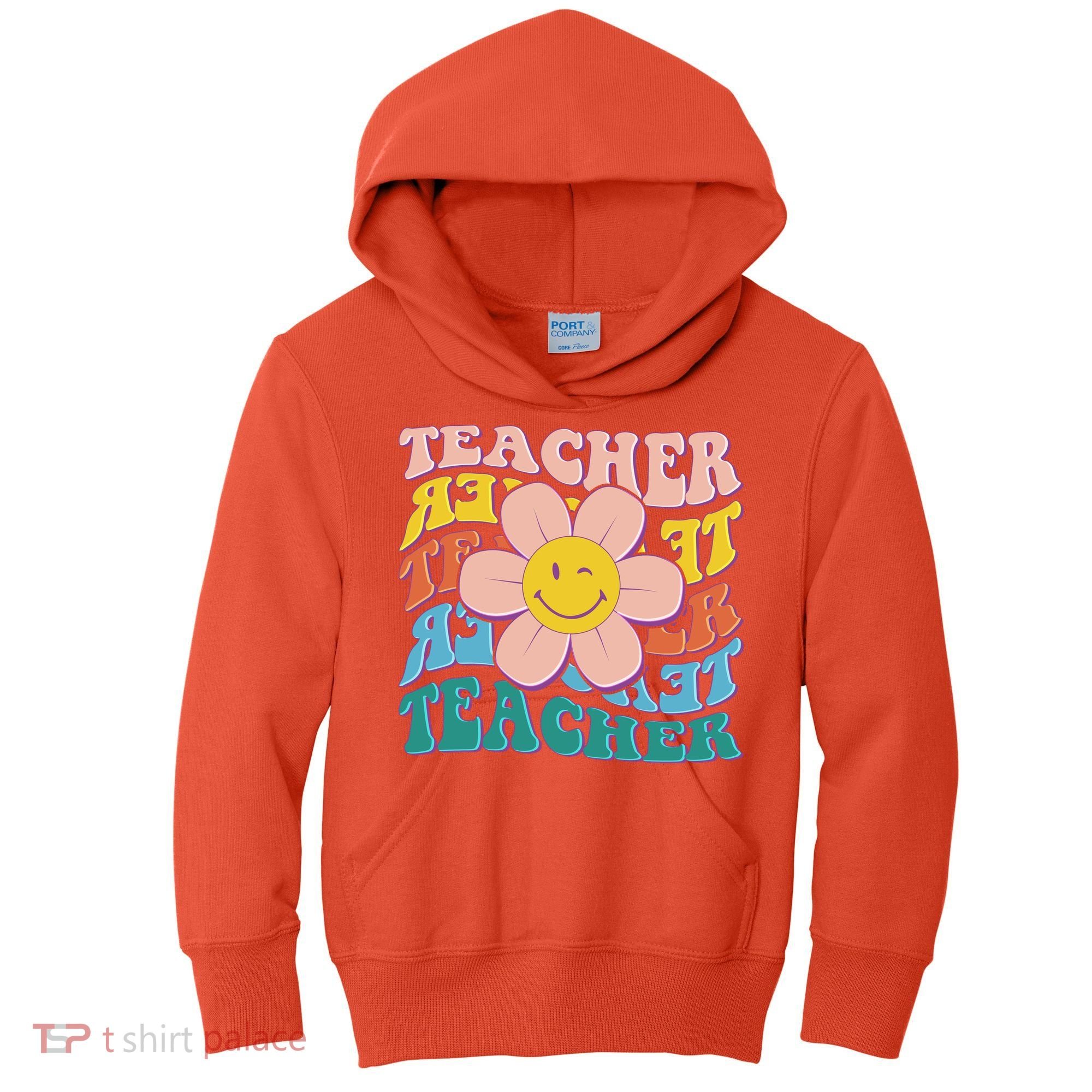 Retro Hippie Teacher Flower Smiley Emoji Kids Hoodie