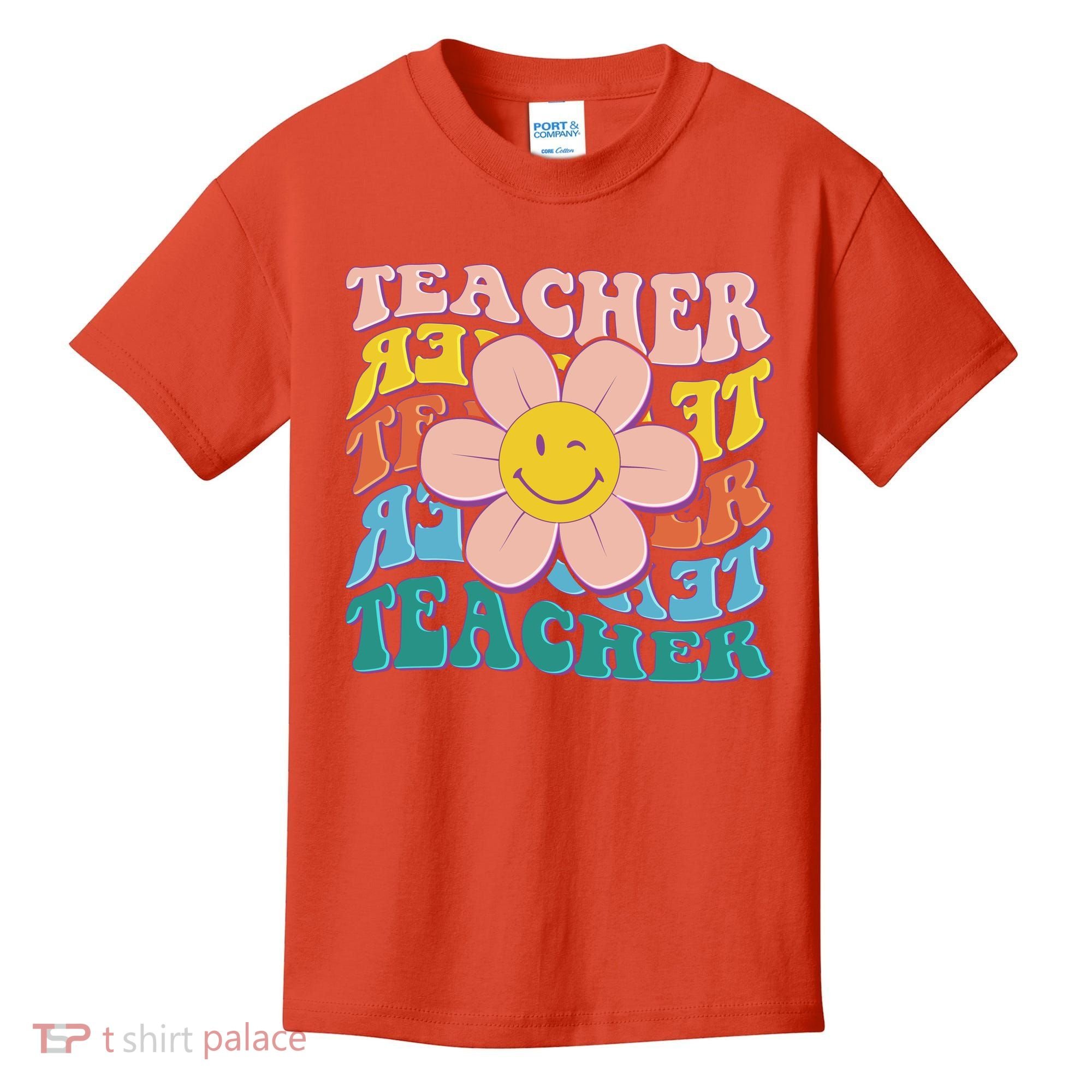 Retro Hippie Teacher Flower Smiley Emoji Kids T-Shirt