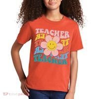 Retro Hippie Teacher Flower Smiley Emoji Kids T-Shirt thumb 2