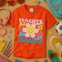 Retro Hippie Teacher Flower Smiley Emoji Kids T-Shirt thumb 3
