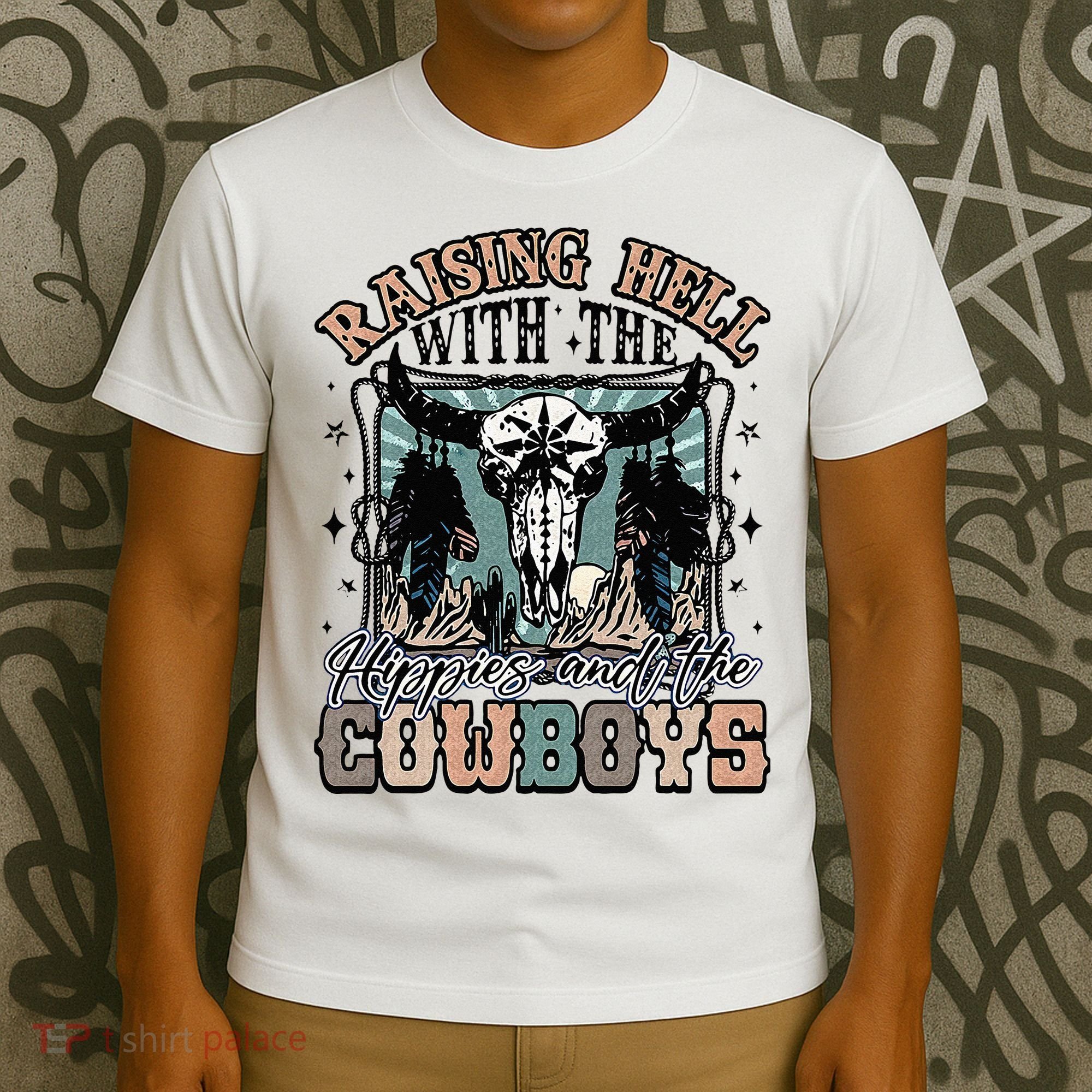 Raising Hell With The Hippies And Cow Western Cowgirl T-Shirt