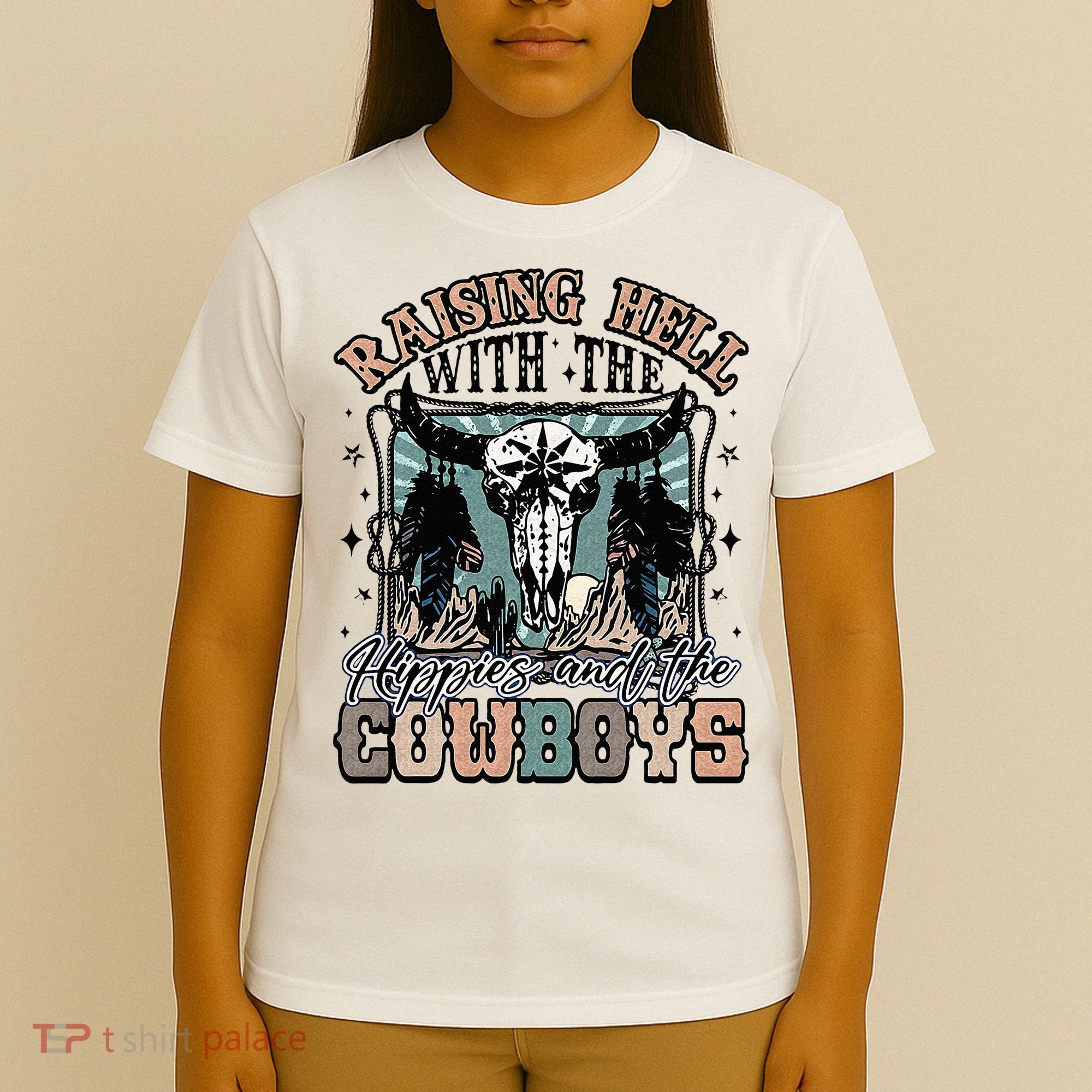 Raising Hell With The Hippies And Cow Western Cowgirl T-Shirt