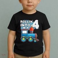 Rollin Into 4 Train 4th Birthday Party Supply Birthday Boy Toddler T-Shirt thumb 2