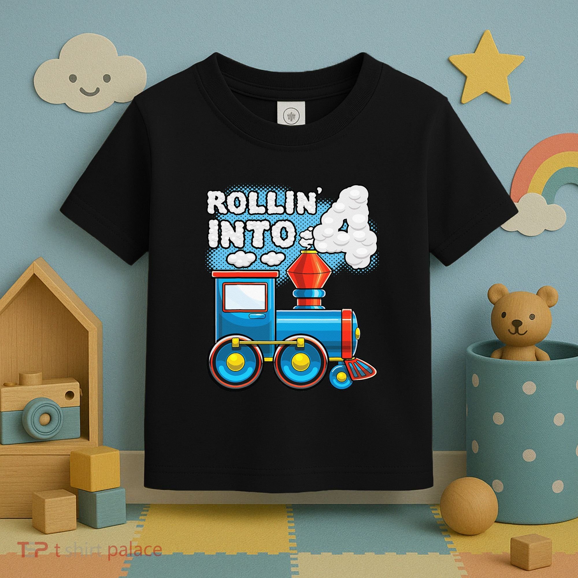 Rollin Into 4 Train 4th Birthday Party Supply Birthday Boy Toddler T-Shirt