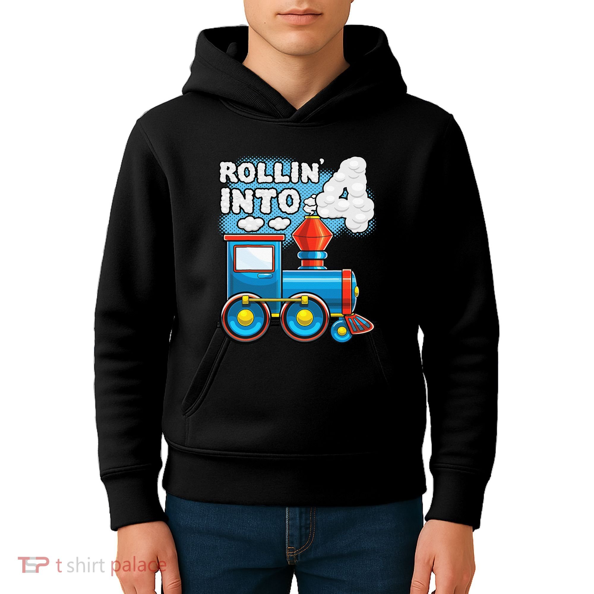 Rollin Into 4 Train 4th Birthday Party Supply Birthday Boy Kids Hoodie