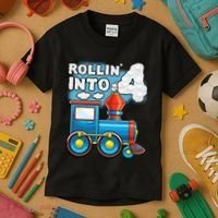 Rollin Into 4 Train 4th Birthday Party Supply Birthday Boy Kids T-Shirt thumb 3