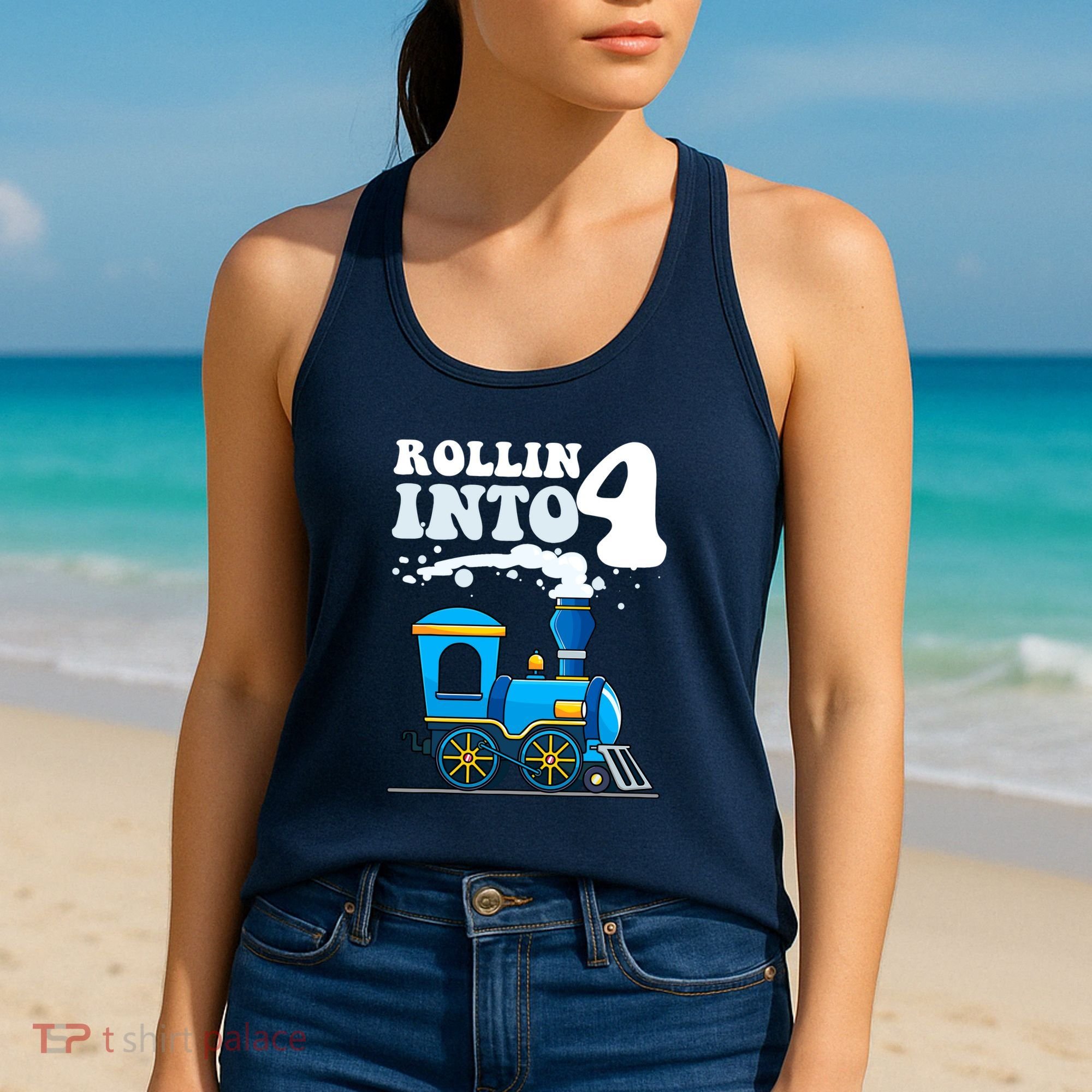 Rollin Into 4 Train 4th Birthday Party Four Years Old Boy Women's Tank Top